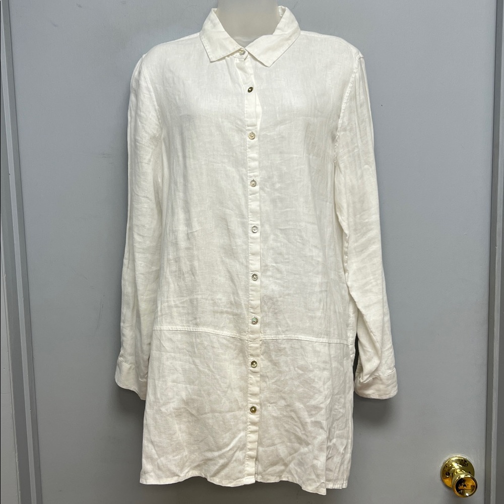 Tahari 100% Linen Button Down Tunic Shirt | White | Convertible Sleeve | Size L